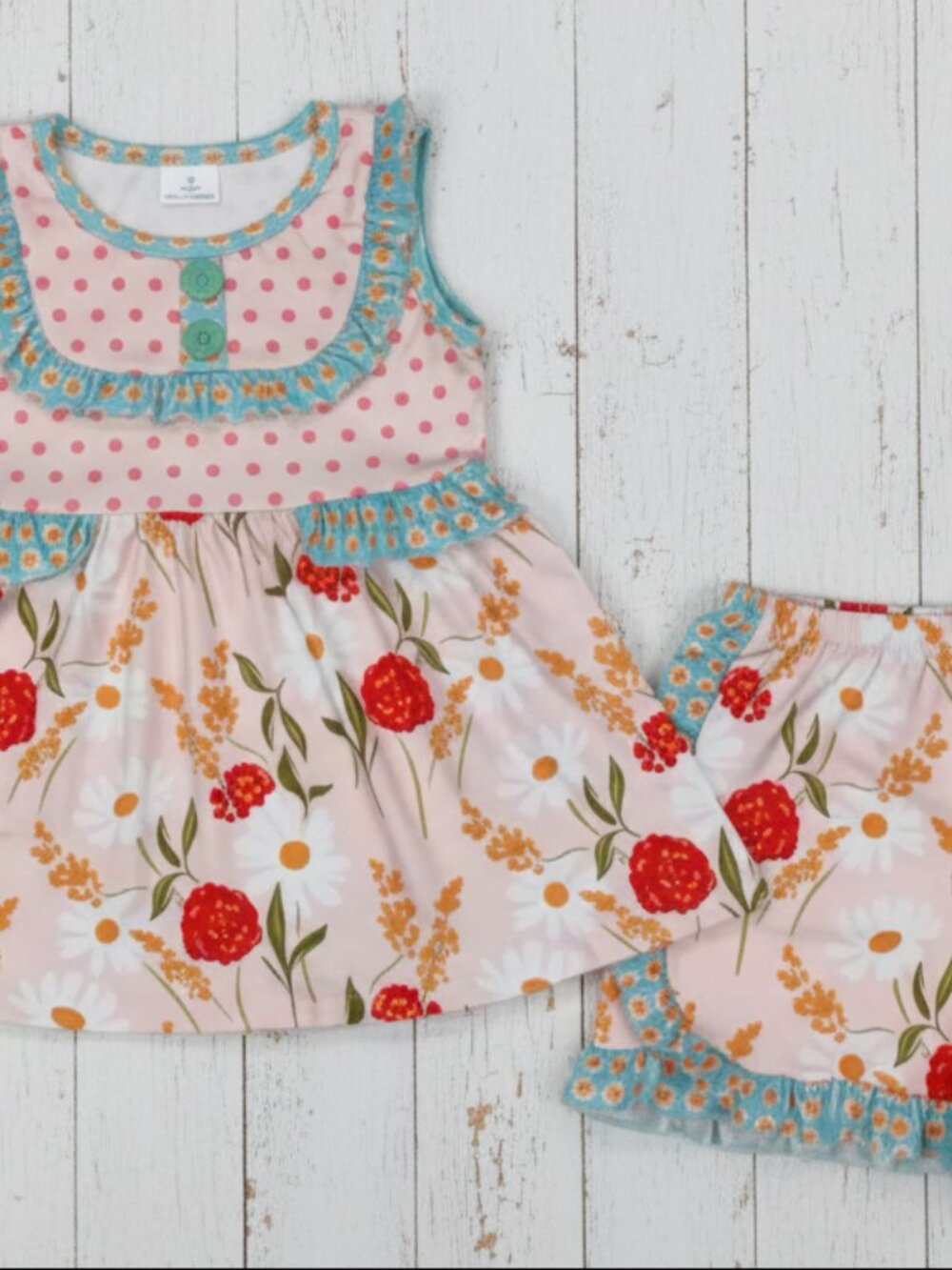 Girl's Flower & Dots Ruffle Short Set - Picture 2 of 2